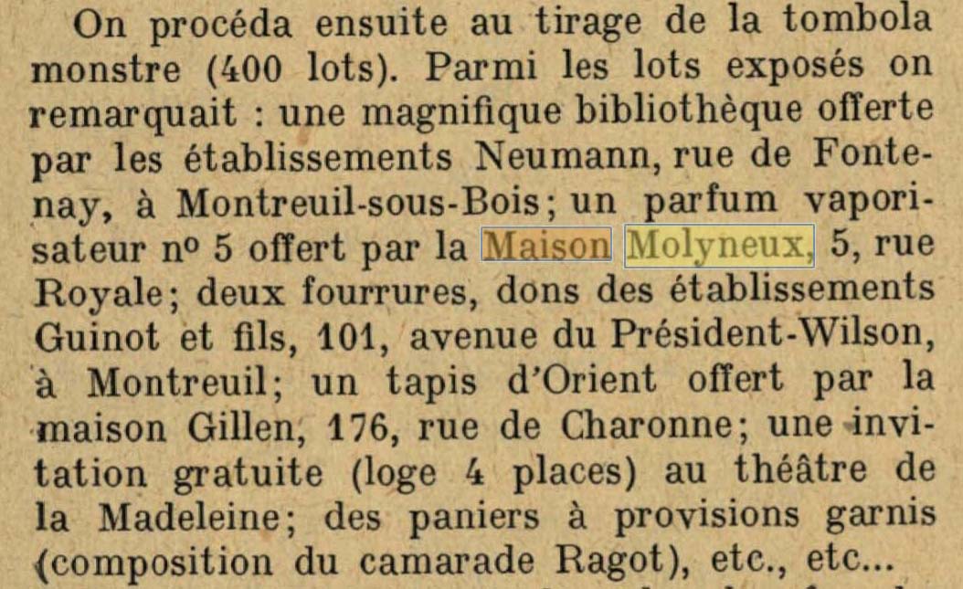 On parle du parfum n° 5 de Molyneux, situé au 5, Place Royale à Paris, dans la Revue du Trésor du 1er janvier 1932