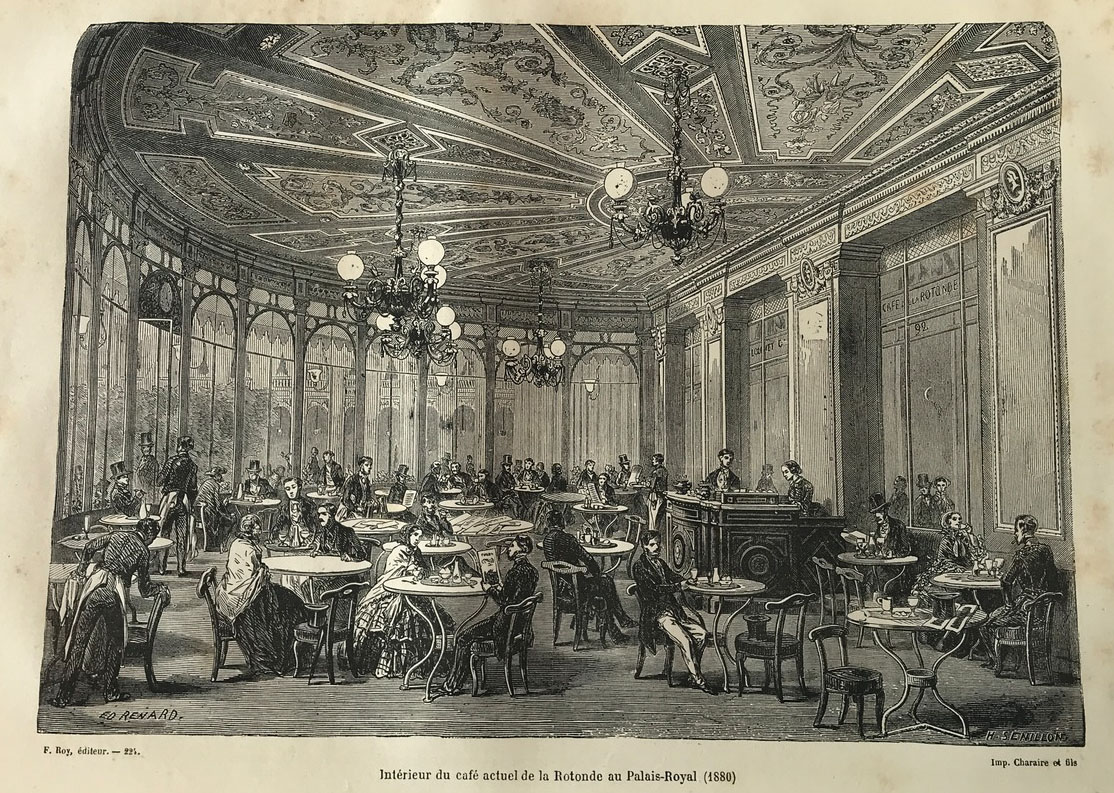 Gravure: Int�rieur du caf� actuel de la Rotonde au Palais Royal (1880)