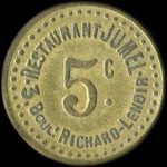 Jeton de nécessité de 5 centimes émis par le Restaurant Jumel - 3, Boulevard Richard-Lenoir à Paris - avers