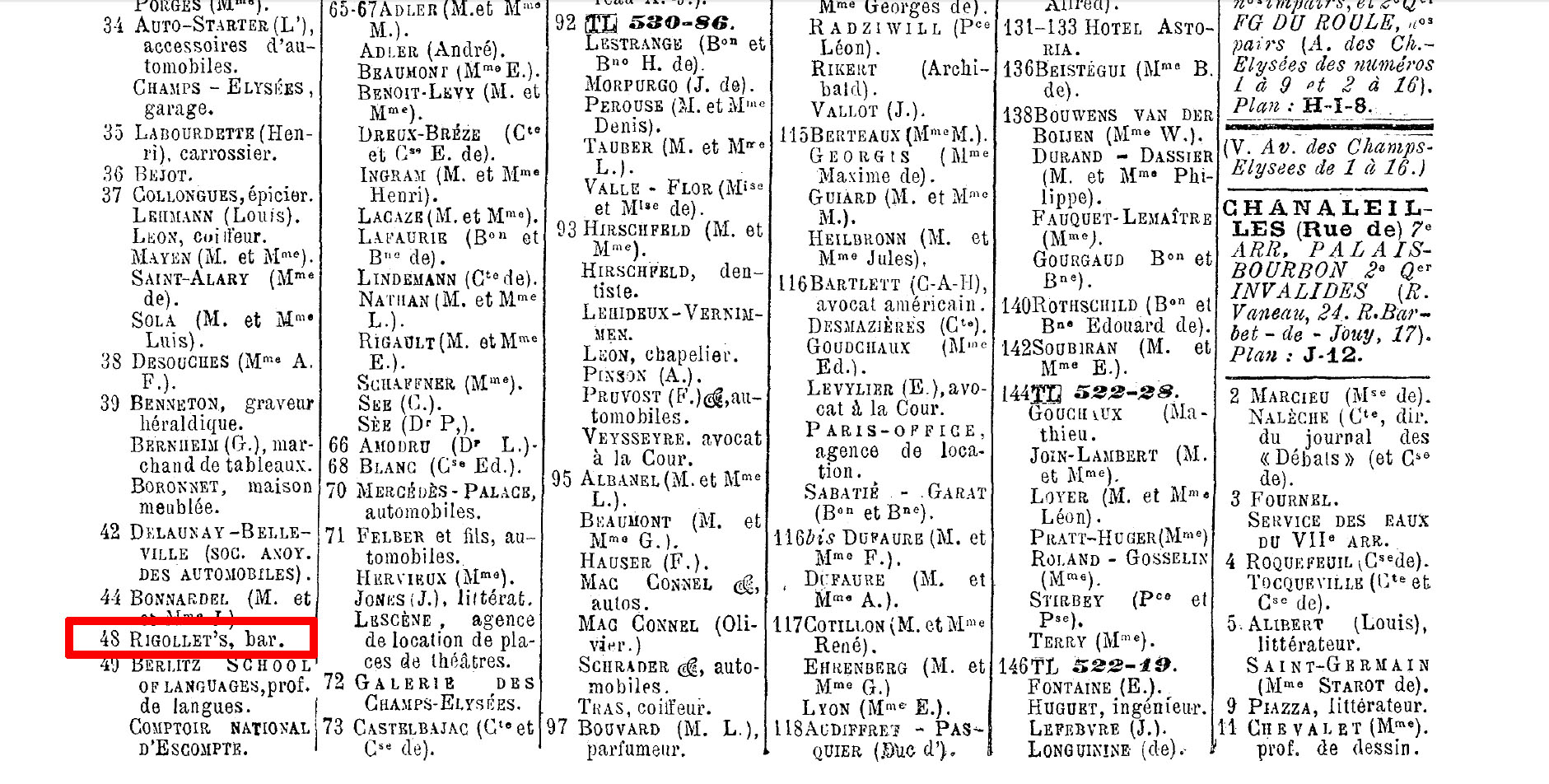 Extrait de l'annuaire de Paris montrant le Riglllet's Bar - 48 Champs-Elys�es � Paris