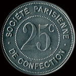 Jeton Société Parisienne de Confection - 92, rue de Crimée à Paris - 25 centimes - avers