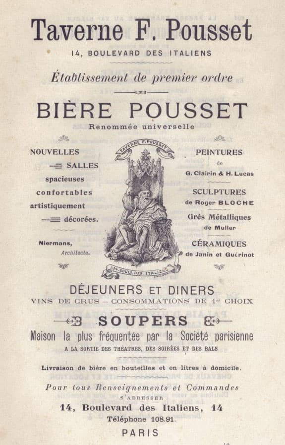 Publicit� pour la Taverne Pousset, 14&nbsp;Boulevard des&nbsp;Italiens � Paris