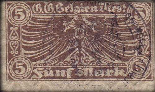 Timbre-monnaie (scheckmarken) de 5 mark utilis� en Belgique pendant l'occupation allemande
