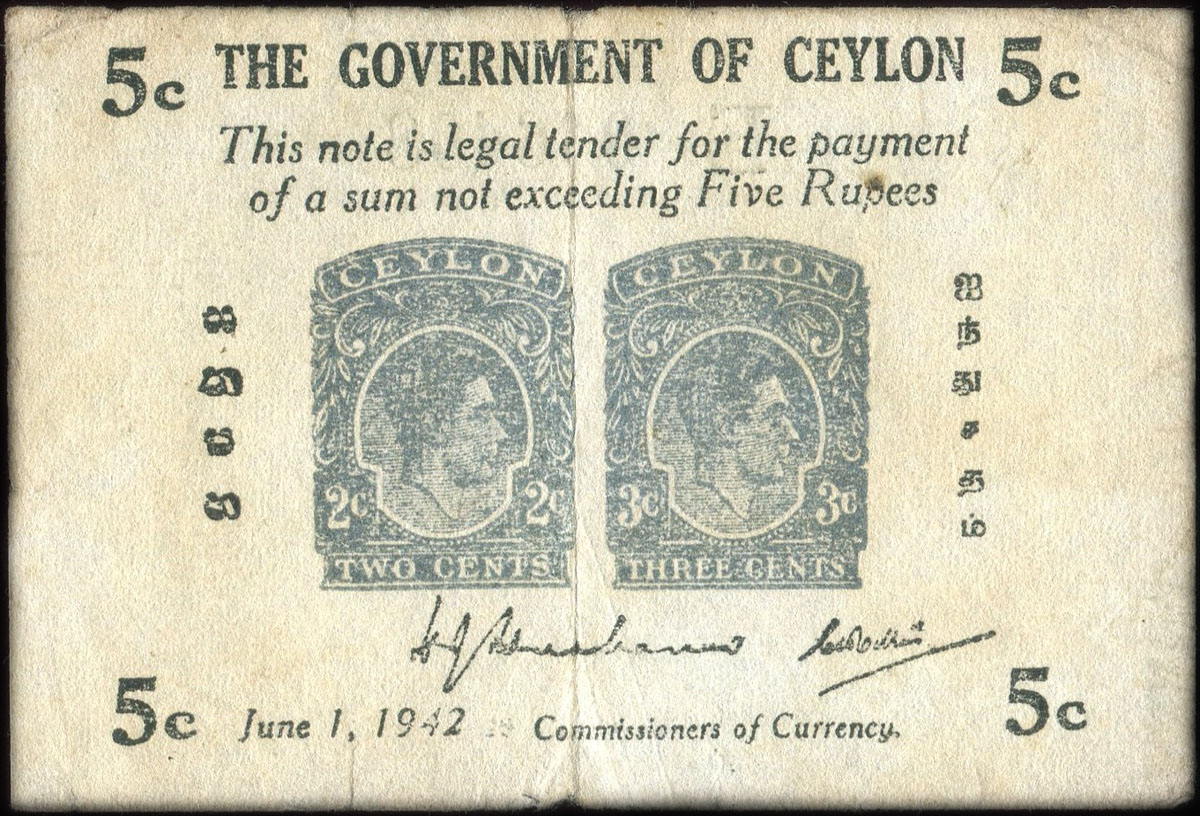 Timbre-monnaie de 5 cents Government of Ceylon - Sri-Lanka - face