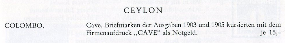 Extrait de Briefmarkengeld publié par Albert Pick relatif aux timbres-monnaie de Colombo (Ceylan)