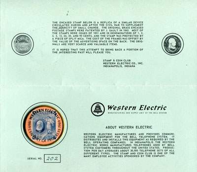 Intérieur du document présentant le timbre-monnaie Westerne Electric commémorant le 150e anniversaire de l'Etat de l'Indiana en 1966