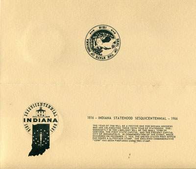 Extérieur du document présentant le timbre-monnaie Westerne Electric commémorant le 150e anniversaire de l'Etat de l'Indiana en 1966