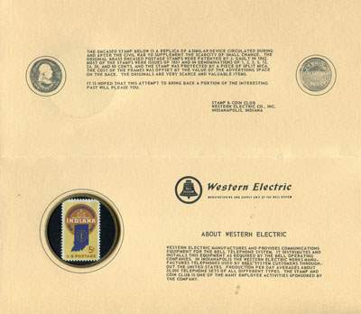 Intérieur du document présentant le timbre-monnaie Westerne Electric commémorant le 150e anniversaire de l'Etat de l'Indiana en 1966