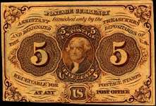 Postage currency note 1862 - 5 cents - non dentelé avec monogramme au verso - face