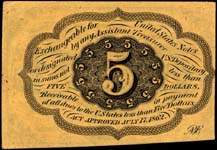 Postage currency note 1862 - 5 cents - non dentelé avec monogramme au verso - dos