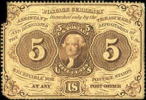 Postage currency note 1862 - 5 cents - dentelé avec monogramme au verso - face