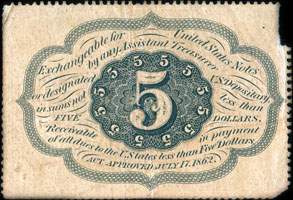 Postage currency 5 cents dentelé sans monogramme au dos - dos