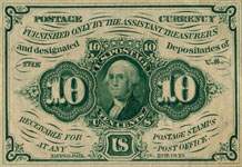 Postage currency 10 cents non dentelé avec monogramme au dos - face