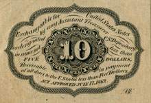 Postage currency note 1862 - 10 cents - non dentelé avec monogramme au verso - exemple 2 - dos