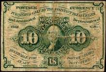 Postage currency note 1862 - 10 cents - non dentelé avec monogramme au verso - face