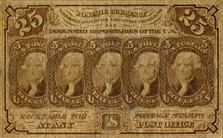 Postage currency note 1862 - 25 cents - non dentelé avec monogramme au verso - face