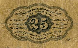 Postage currency note 1862 - 25 cents - non dentelé avec monogramme au verso - dos