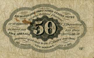 Postage currency note 1862 - 50 cents - non dentelé avec monogramme au verso - dos
