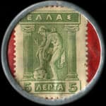 Timbre-monnaie de 5 lepta vert et blanc sur fond rouge �mis par Singer en Gr�ce - revers
