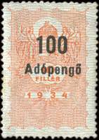 Timbre-monnaie sur timbre-fiscal de 10 filler 1934 surchargé 100 adopengo
