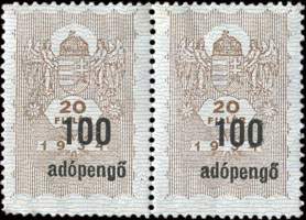 Paire de timbres-monnaie sur timbres-fiscaux de 20 filler 1934 surchargés 100 adopengo