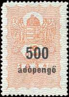 Timbre-monnaie sur timbre-fiscal de 10 filler 1934 surchargé 500 adopengo