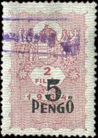 Timbre-monnaie sur timbre-fiscal de 2 filler 1934 surchargé 5 pengo