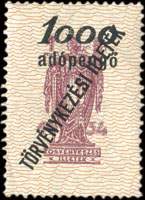 Timbre-monnaie sur timbre-judiciare 1 adopengo 1934 surchargé 5 pengo