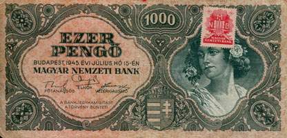 Billet hongrois de 1000 pengo F 021 / 044792 surchargé par timbre rouge 3/4 - face
