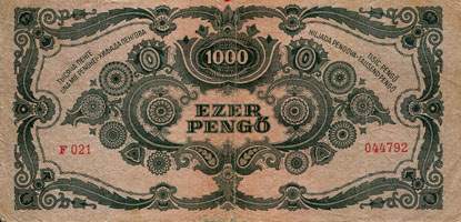 Billet de 1000 pengő F 021 / 044792 surchargé par timbre rouge 3/4 - dos