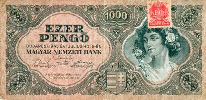 Billet de 1000 pengő F 151 / 004622 surchargé par timbre rouge 3/4 - face