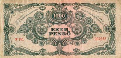 Billet hongrois de 1000 pengo F 151 / 004622 surchargé par timbre rouge 3/4 - dos