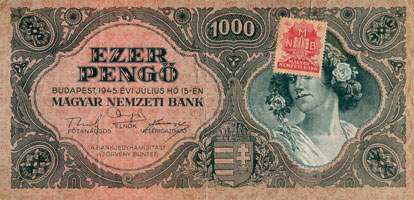 Billet hongrois de 1000 pengo F 227 / 032985 surchargé par timbre rouge 3/4 - face