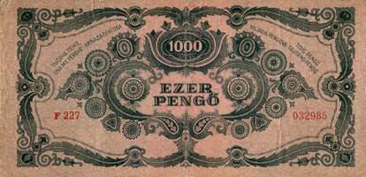 Billet hongrois de 1000 pengo F 227 / 032985 surchargé par timbre rouge 3/4 - dos