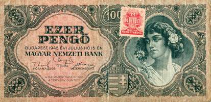 Billet hongrois de 1000 pengo F 233 / 005439 surchargé par timbre rouge 3/4 - face