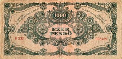Billet hongrois de 1000 pengo F 233 / 005439 surchargé par timbre rouge 3/4 - dos