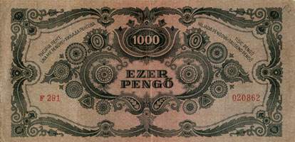 Billet hongrois de 1000 pengo F 291 / 020862 surcharg� par timbre rouge &frac34; - dos