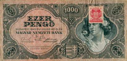 Billet hongrois de 1000 pengo F 299 / 028464 surchargé par timbre rouge 3/4 - face