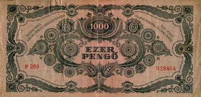 Billet hongrois de 1000 pengo F 299 / 028464 surchargé par timbre rouge 3/4 - dos