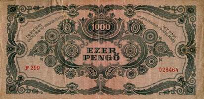 Billet hongrois de 1000 pengo F 299 / 028464 surcharg� par timbre rouge &frac34; - dos