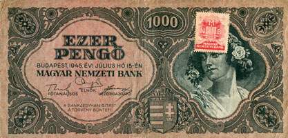 Billet hongrois de 1000 pengo F 512 / 016192 surchargé par timbre rouge 3/4 - face