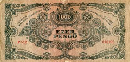 Billet de 1000 pengő F 512 / 016192 surchargé par timbre rouge 3/4 - dos