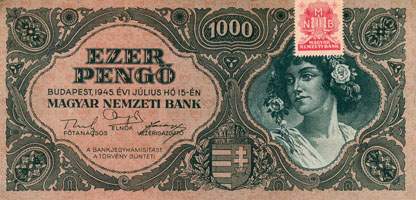 Billet hongrois de 1000 pengo F 555 / 091365 surchargé par timbre rouge 3/4 - face