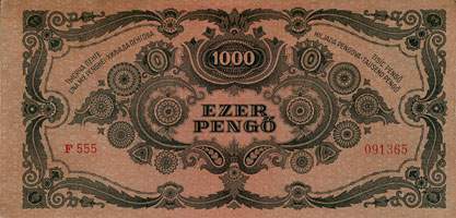 Billet de 1000 pengő F 555 / 091365 surchargé par timbre rouge 3/4 - dos