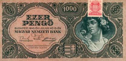 Billet hongrois de 1000 pengo F 555 / 091366 surchargé par timbre rouge 3/4 - face