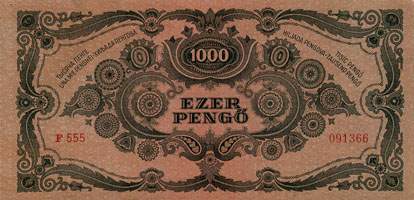 Billet de 1000 pengő F 555 / 091366 surchargé par timbre rouge 3/4 - dos