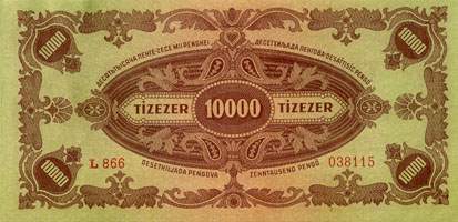 Billet hongrois de 10000 pengo L 866 / 038115 surchargé par timbre brun 3/4 - dos