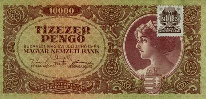 Billet hongrois de 10000 pengo L 866 / 038116 surchargé par timbre brun 3/4 - face