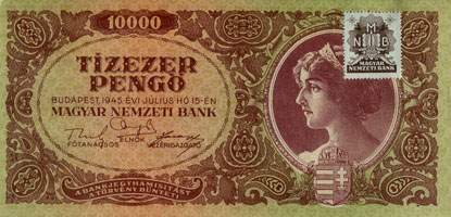 Billet hongrois de 10000 pengo L 866 / 038151 surchargé par timbre brun 3/4 - face