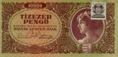 Billet hongrois de 10000 pengo L 866 / 038152 surchargé par timbre brun 3/4 - face